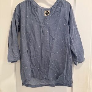 Blue long sleeved blouse with floral embroidery